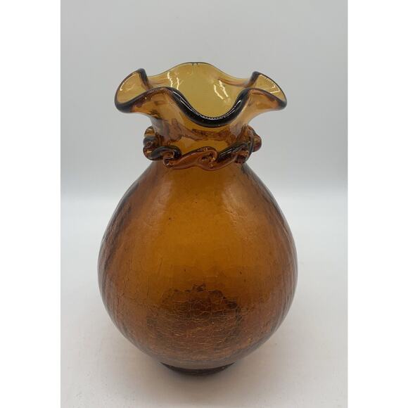 Vintage Pilgrim Amber Crackle Glass Ruffle Top Applied Rigaree 9” Vase - Picture 2 of 6